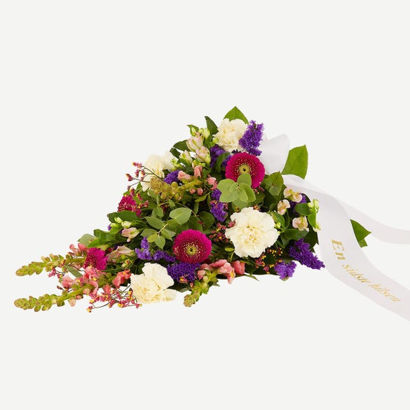 Bårebuket, farverig (Floristens kreative valg) med bånd